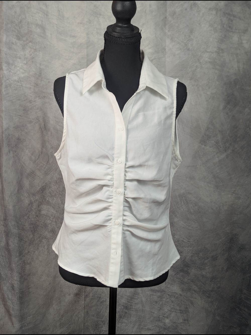 Sleeveless White Ruched Front Button Blouse
